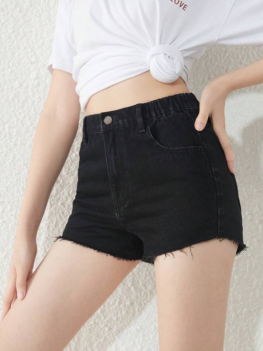 青少年女孩毛邊牛仔短褲 - 黑色 - 查看 1