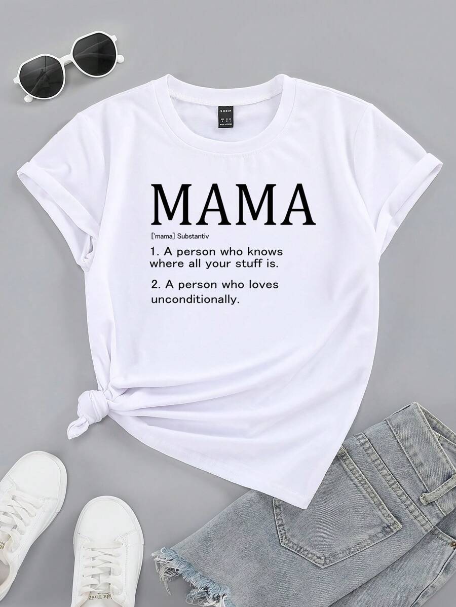 SHEIN LUNE Slogan Graphic Tee Mama] Substantiv 1 Một người biết mọi thứ của bạn ở đâu 2 Một người yêu vô điều kiện - trắng - Xem 1