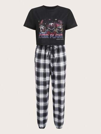 Grunge Punk Set pigiama in tartan con grafica a cartoni animati e stampa a lettere