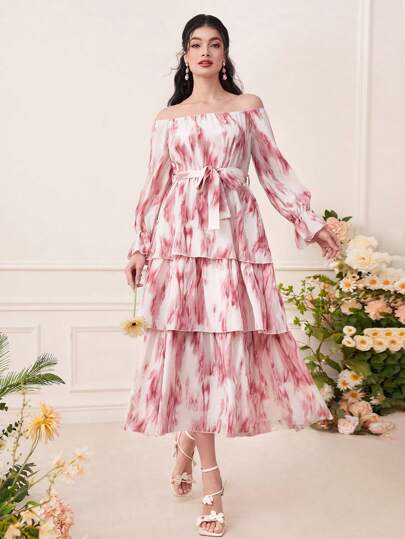 Modelyn Tie Dye Off Shoulder Flounce Sleeve Layer Hem Belted Dress
