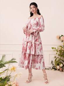 Modelyn Tie Dye Off Shoulder Flounce Sleeve Layer Hem Belted Dress - Multicolor - View 3