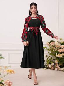 Modelyn Đầm Cắt ra Thắt lưng Hoa Thanh lịch - màu đen - Xem 1