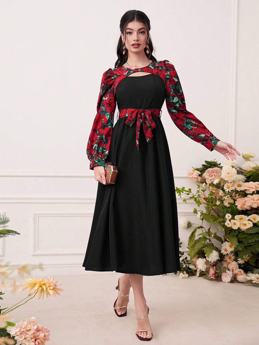 Modelyn Đầm Cắt ra Thắt lưng Hoa Thanh lịch - màu đen - Xem 1