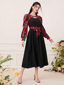 Modelyn Đầm Cắt ra Thắt lưng Hoa Thanh lịch - màu đen - Xem 4