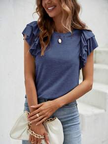 SHEIN Clasi Áo thun nữ Xù phân lớp màu trơn Giải trí - Màu xanh lam - Xem 4