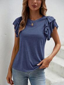 SHEIN Clasi Áo thun nữ Xù phân lớp màu trơn Giải trí - Màu xanh lam - Xem 5