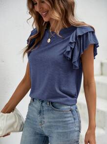 SHEIN Clasi Áo thun nữ Xù phân lớp màu trơn Giải trí - Màu xanh lam - Xem 6