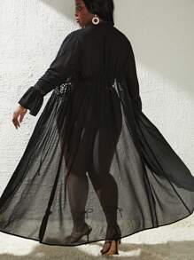 Swim Lushoire Plus Size Solid Contrast Lace Tie Front Kimono Summer