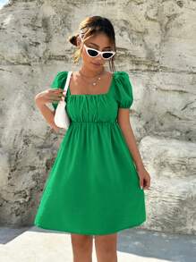 SHEIN EZwear Square Neck Puff Sleeve Ruched Bust Dress - Green - View 5