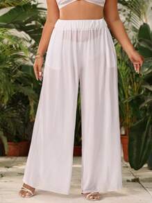 Swim Vcay Plus Size Solid Wide Leg Cover Up Pants Summer - White - View 1