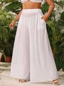 Swim Vcay Plus Size Solid Wide Leg Cover Up Pants Summer - White - View 3