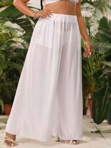 Swim Vcay Plus Size Solid Wide Leg Cover Up Pants Summer - White - View 4