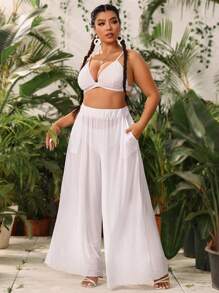 Swim Vcay Plus Size Solid Wide Leg Cover Up Pants Summer - White - View 5
