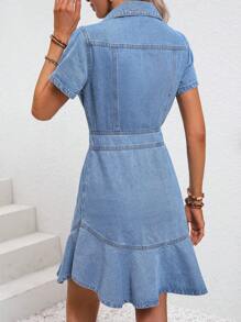SHEIN Frenchy Flap Pocket Ruffle Hem Denim Dress Winter Casual - Light Wash - View 2