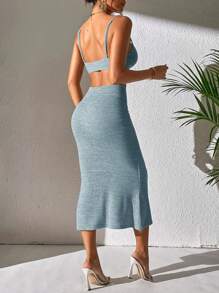 SHEIN PETITE Đầm Lộ Lưng Cắt ra màu trơn Gợi cảm - Màu xanh bụi bặm - Xem 2