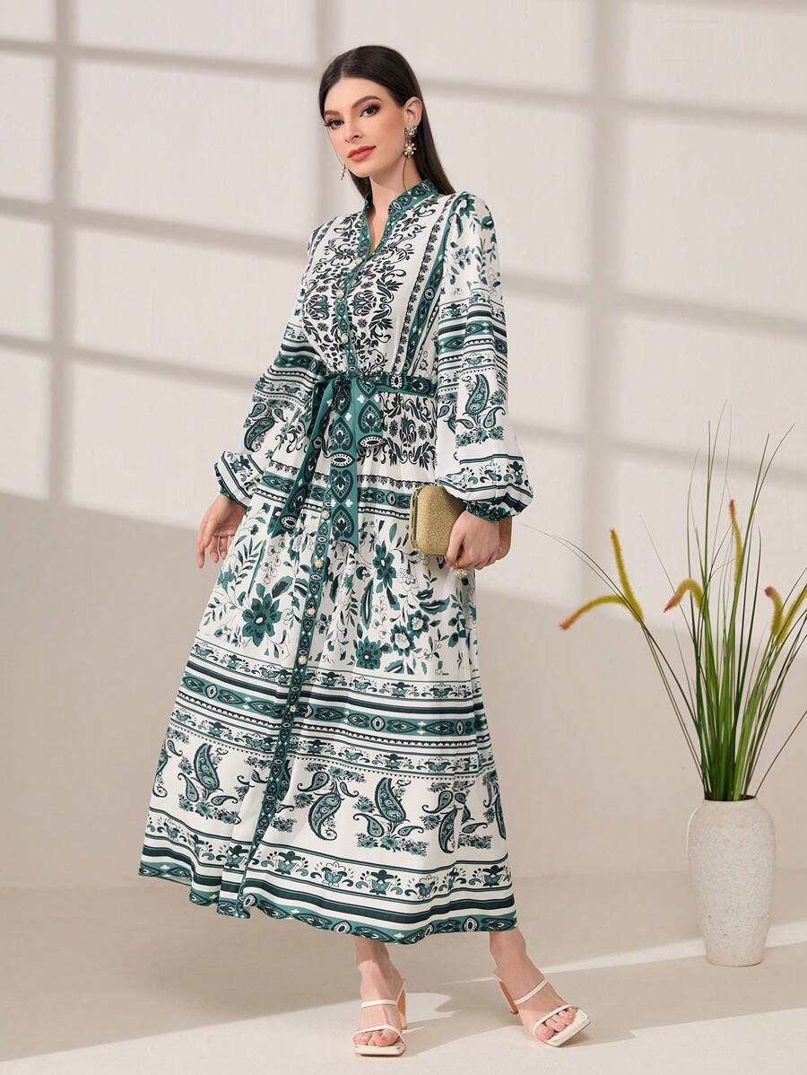 Mulvari Floral Print Lantern Sleeve Belted Dress - Dark Green - View 1