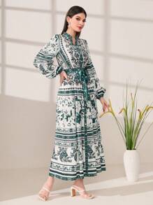 Mulvari Floral Print Lantern Sleeve Belted Dress - Dark Green - View 4
