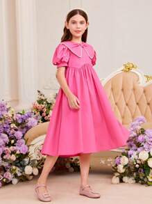 SHEIN 女孩彼得潘領泡泡袖娃娃裙 - 玫紅色 - 查看 5