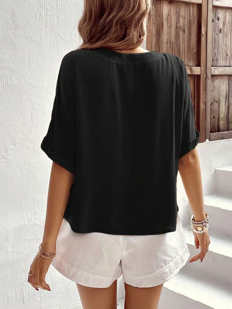 Women's Solid Color V-Neck Single-Breasted Bat Sleeve Casual Shirt