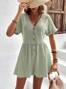 SHEIN VCAY Áo liền quần nữ Nút phía trước màu trơn Giải trí - Màu xanh Bạc hà - Xem 5