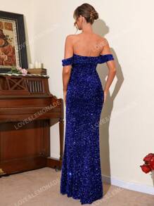 LOVE&LEMONADE Off Shoulder Split Thigh Sequin Formal Dress