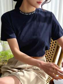 DAZY Slogan Graphic Round Neck Tee REACH FOR THE STAR - Navy Blue - View 2