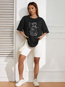 SHEIN EZwear Japanese Letter & Cartoon Graphic Drop Shoulder Tee - Black - View 4