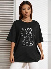 SHEIN EZwear Japanese Letter & Cartoon Graphic Drop Shoulder Tee - Black - View 7