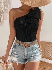 Chiquease Solid One Shoulder Bow Detail Top - Black - View 3