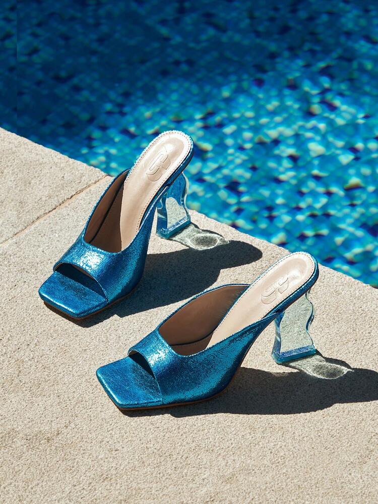 Women Sculptural Heeled Glitter Mules, Artificial Leather Funky Sandals