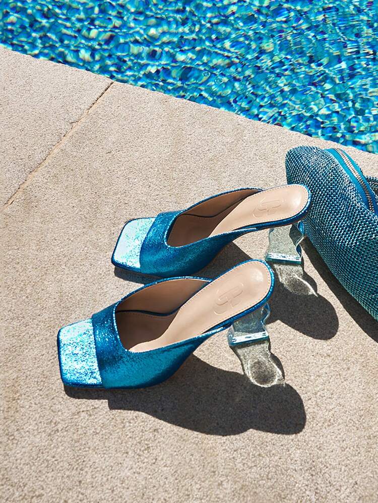 Women Sculptural Heeled Glitter Mules, Artificial Leather Funky Sandals