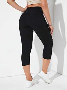 SHEIN EZwear Quần jean nữ Nút Túi Bị tách màu trơn - màu đen - Xem 3