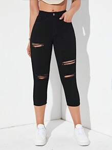 SHEIN EZwear Quần jean nữ Nút Túi Bị tách màu trơn - màu đen - Xem 5