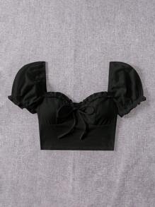 SHEIN EZwear Top Curto de Manga Bufante Justo com Babados na Gola em Estilo Verão com Frente Amarrada - Preto - Visão 3