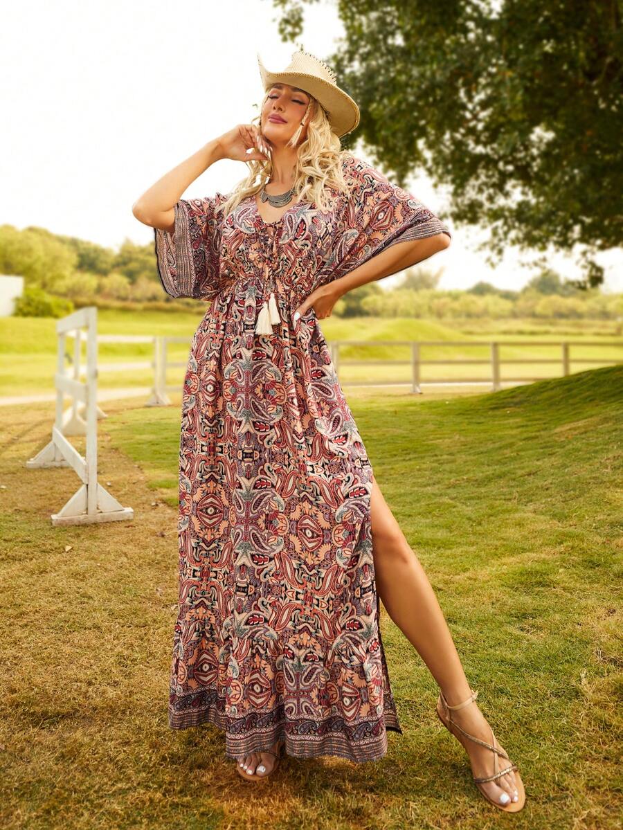 S BETRO Đầm Dây kéo Tách cao mép Viên lá sen Tất cả trên in Boho - Nhiều màu - Xem 1