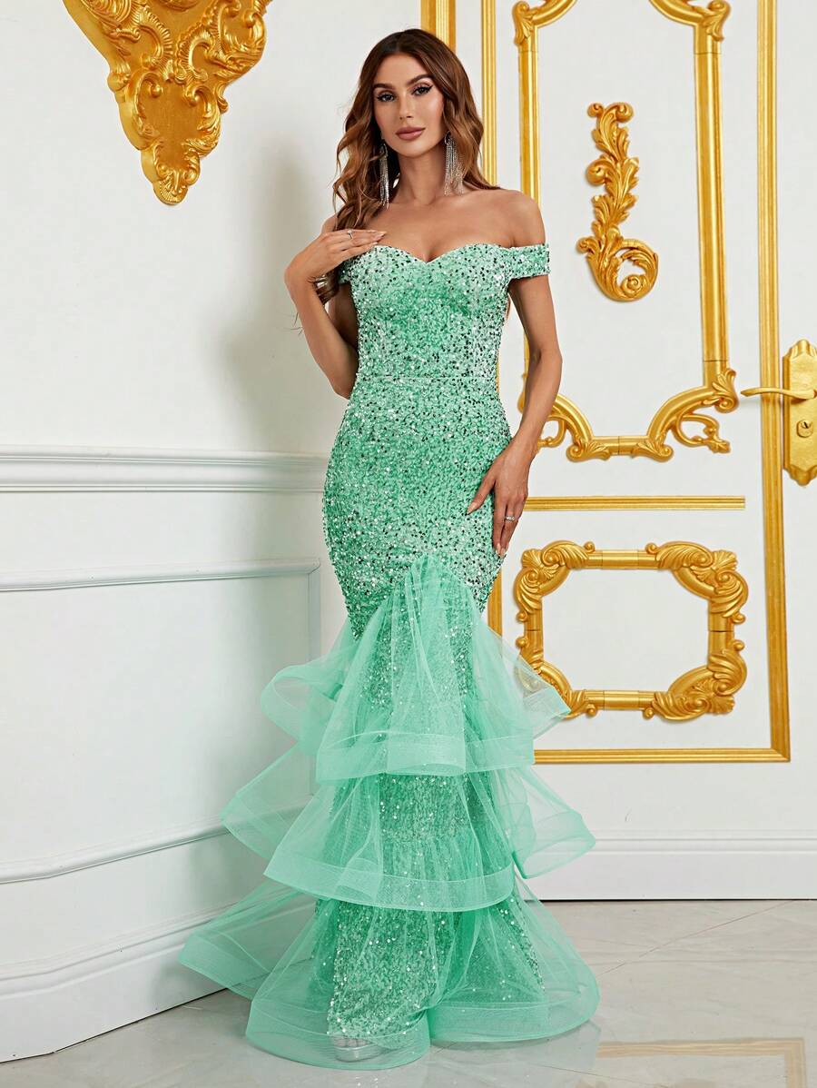 Off Shoulder Layer Hem Sequin Formal Dress - Mint Green - View 1