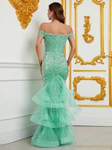 Off Shoulder Layer Hem Sequin Formal Dress - Mint Green - View 2
