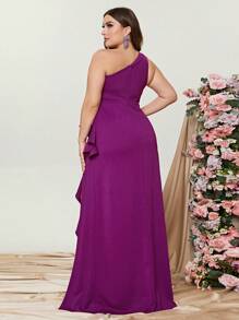 Plus One Shoulder Ruffle Trim Split Thigh Dress