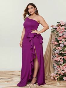 Plus One Shoulder Ruffle Trim Split Thigh Dress