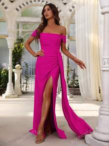 Faeriesty Elegant Satin Off-Shoulder Evening Gown With High-Slit Hem | Perfect For Bridesmaids, Evening Parties, Luxury Weddings, Galas, Or Red Carpet Appearances Bridesmaid Dress