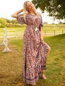 S BETRO Đầm Dây kéo Tách cao mép Viên lá sen Tất cả trên in Boho - Nhiều màu - Xem 6