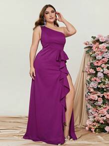 Plus One Shoulder Ruffle Trim Split Thigh Dress