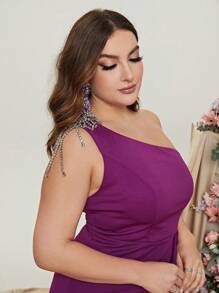 Plus One Shoulder Ruffle Trim Split Thigh Dress