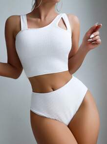 Plain Cut Out High Waisted Bikini Set Summer Beach - White - View 3