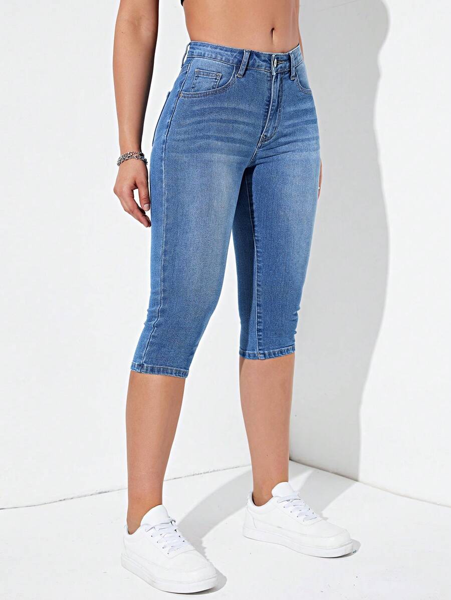 SHEIN Essnce Slant Pocket Skinny Capri Jeans - Medium Wash - View 1