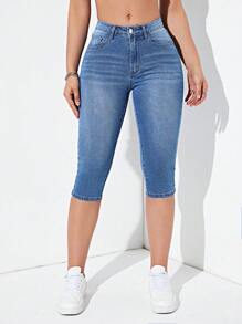 SHEIN Essnce Slant Pocket Skinny Capri Jeans - Medium Wash - View 5