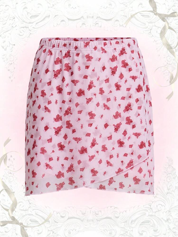 Floral Print Mesh Wrap Skirt