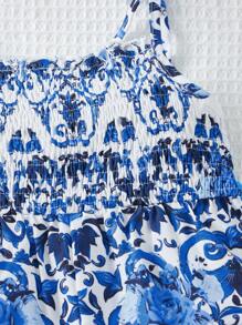 SHEIN Leap Crew 嬰兒女孩花卉印花蝴蝶肩帶背心連髮帽的連身衣 - 藍白色 - 查看 3