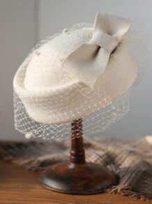 1入優雅的英式風格空姐蝴蝶結羊毛帽，帶有網紗和蕾絲細節，適用於女性 - 白色 - 查看 1