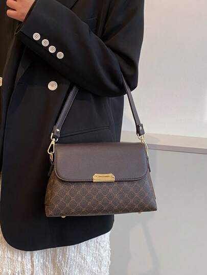 时尚、简约、休闲、中号翻盖方形包几何图案金属装饰适合女孩、少女、女士包优雅、奢华
